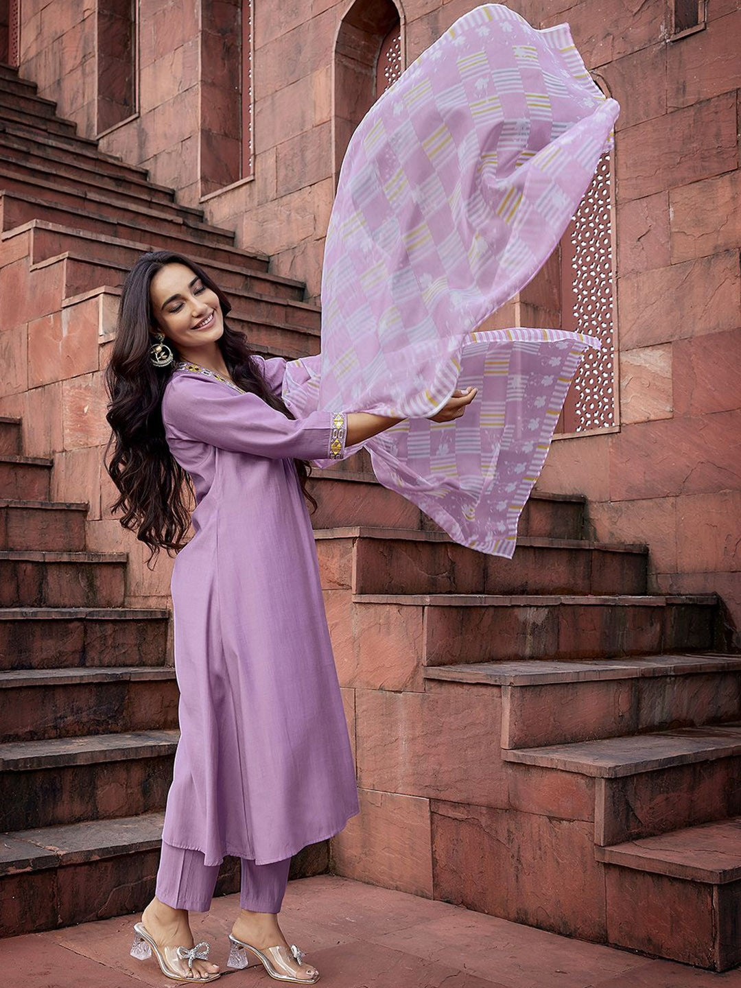 Yoke Design with Mirror Work & Solid Flared Viscose Kurta Pant with Dupatta, 3pc, TK208-209