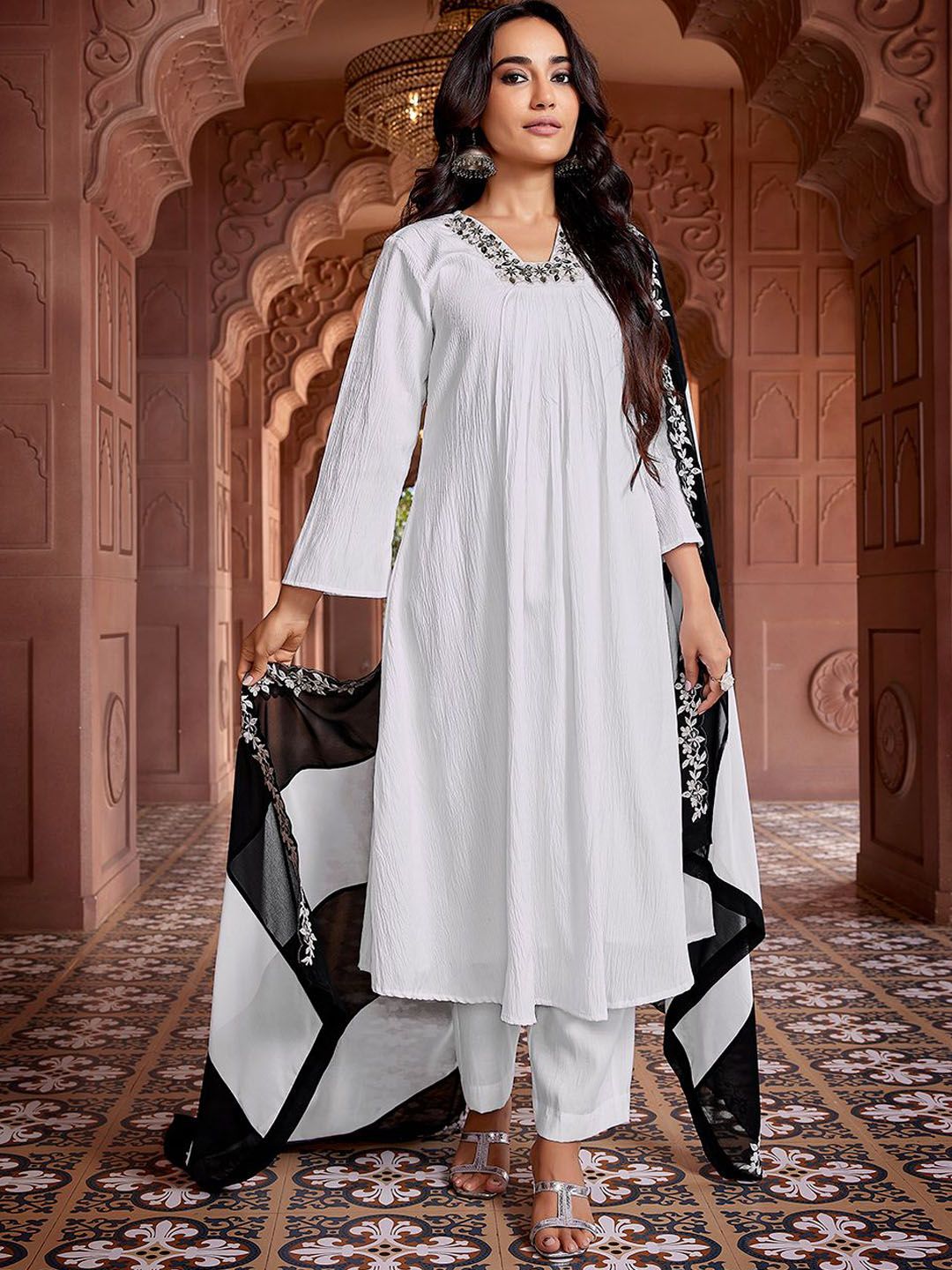 Black and white Yoke n Sequence Design Solid Flared Viscose Kurta Pant with Dupatta, 3pc, TK211