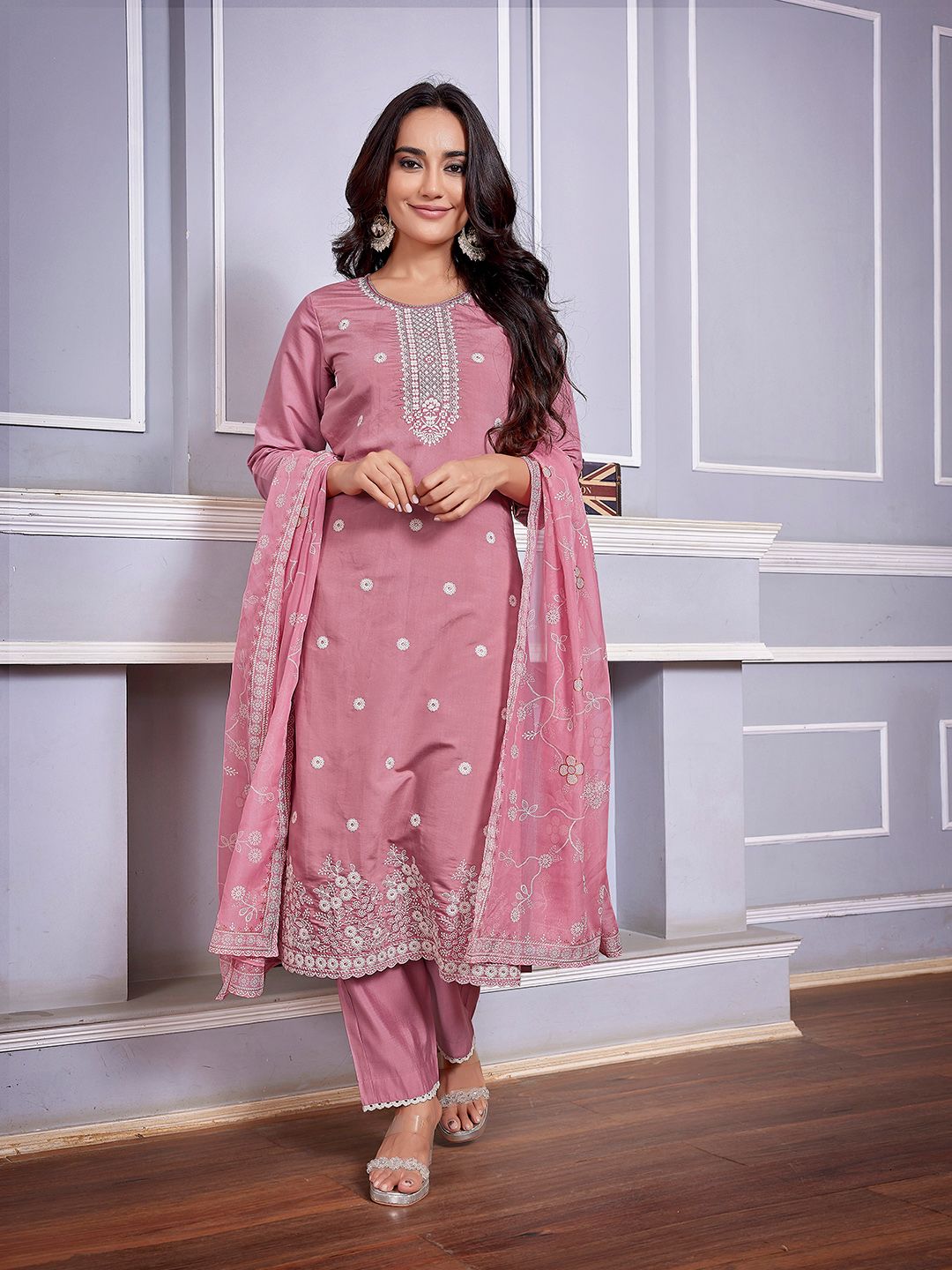 Pink Chanderi Ethnic Motifs Embroidered Straight Kurta Pant with Dupatta, 3pc, TK204