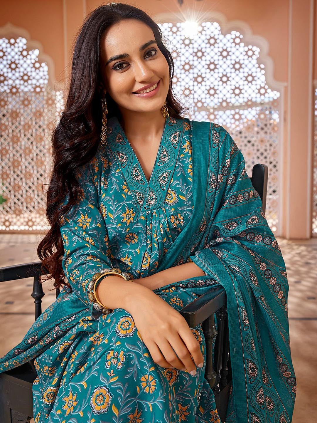 Teal Blue Floral Printed n Embroided Flared Viscose Kurta Pant with Dupatta, 3pc, TK201