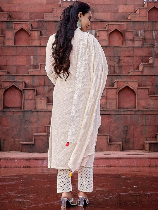 Off-white floral embroidered siot set with dupatta, 3pc, TK184