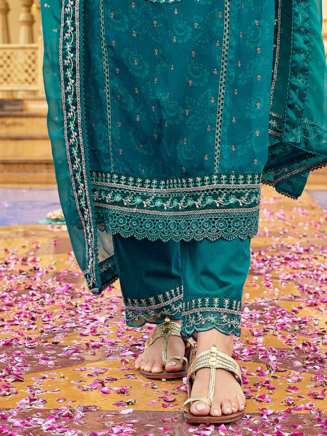 Rama Blue Faux Georgette Ethnic Motifs Embroidered Straight Kurta Pant with Dupatta, 3pc, TK200