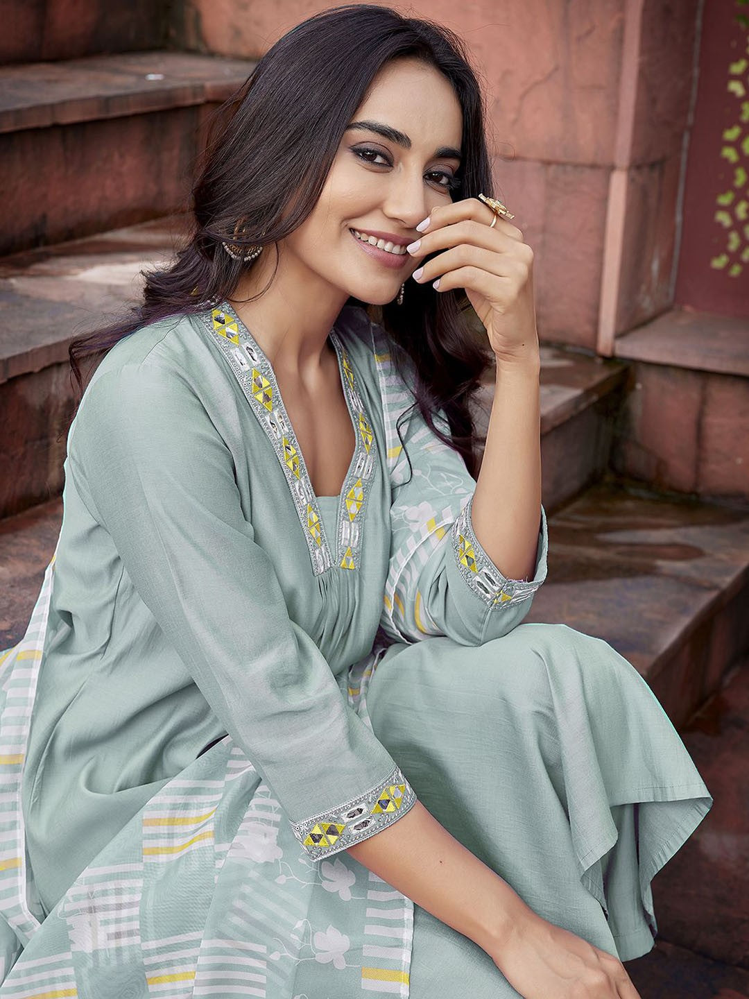 Yoke Design with Mirror Work & Solid Flared Viscose Kurta Pant with Dupatta, 3pc, TK208-209