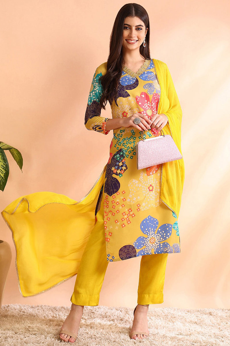 Yellow Floral Printed Cotton Blend Kurta Pant with Dupatta, 3pc set