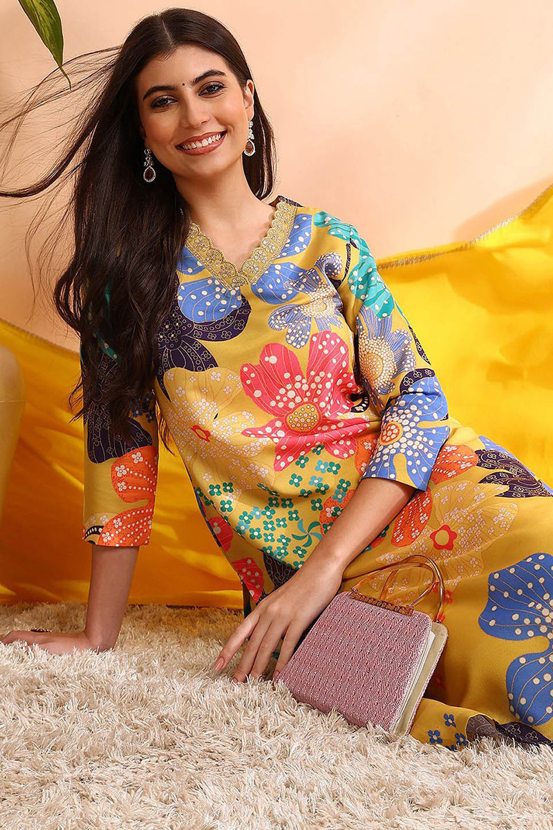 Yellow Floral Printed Cotton Blend Kurta Pant with Dupatta, 3pc set