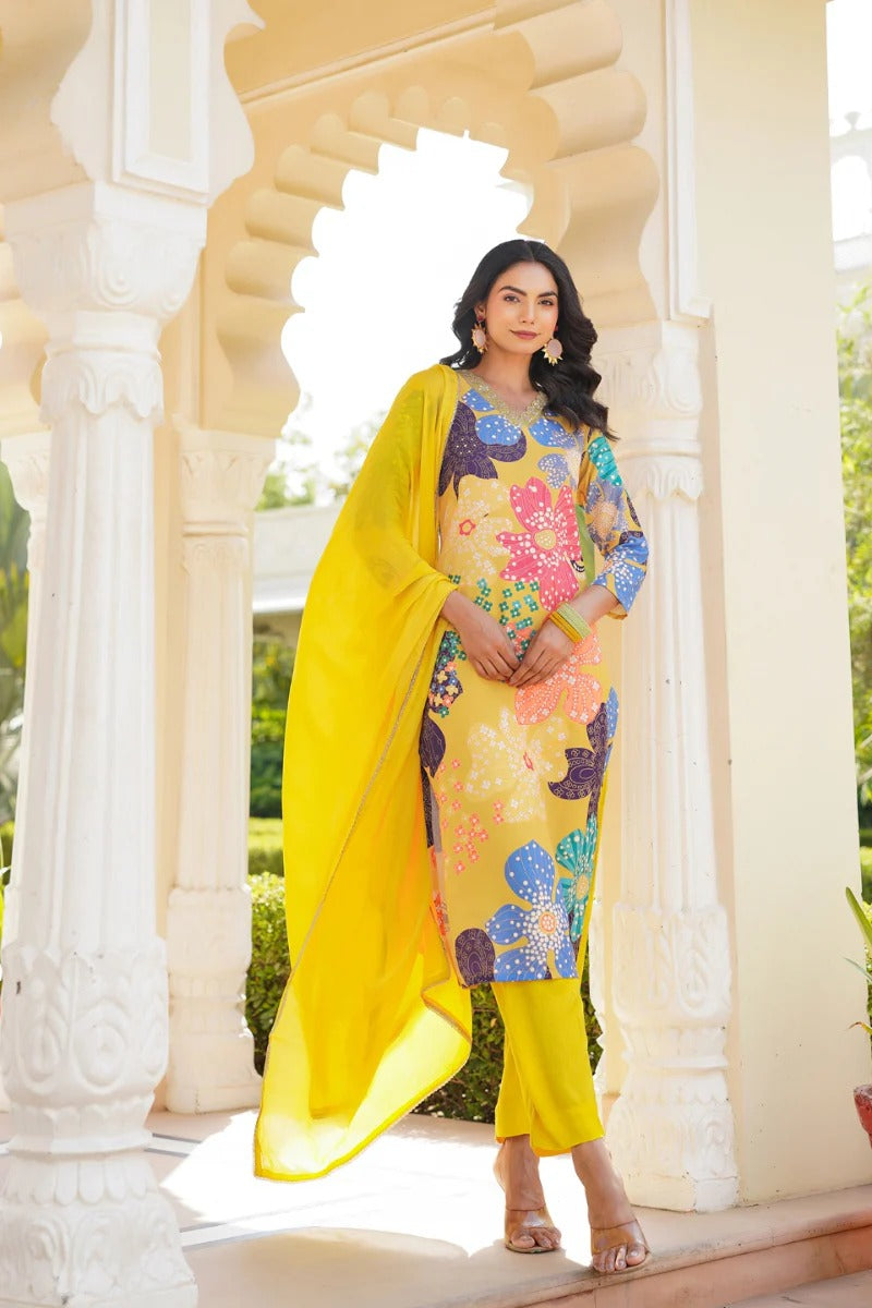 Yellow Floral Printed Cotton Blend Kurta Pant with Dupatta, 3pc set