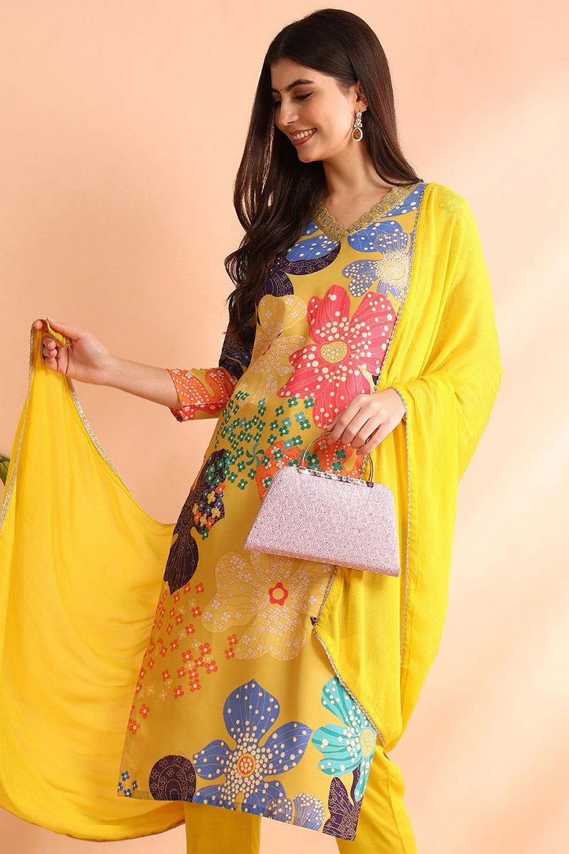 Yellow Floral Printed Cotton Blend Kurta Pant with Dupatta, 3pc set