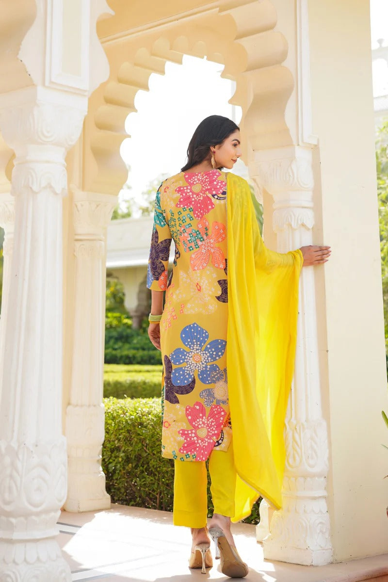 Yellow Floral Printed Cotton Blend Kurta Pant with Dupatta, 3pc set