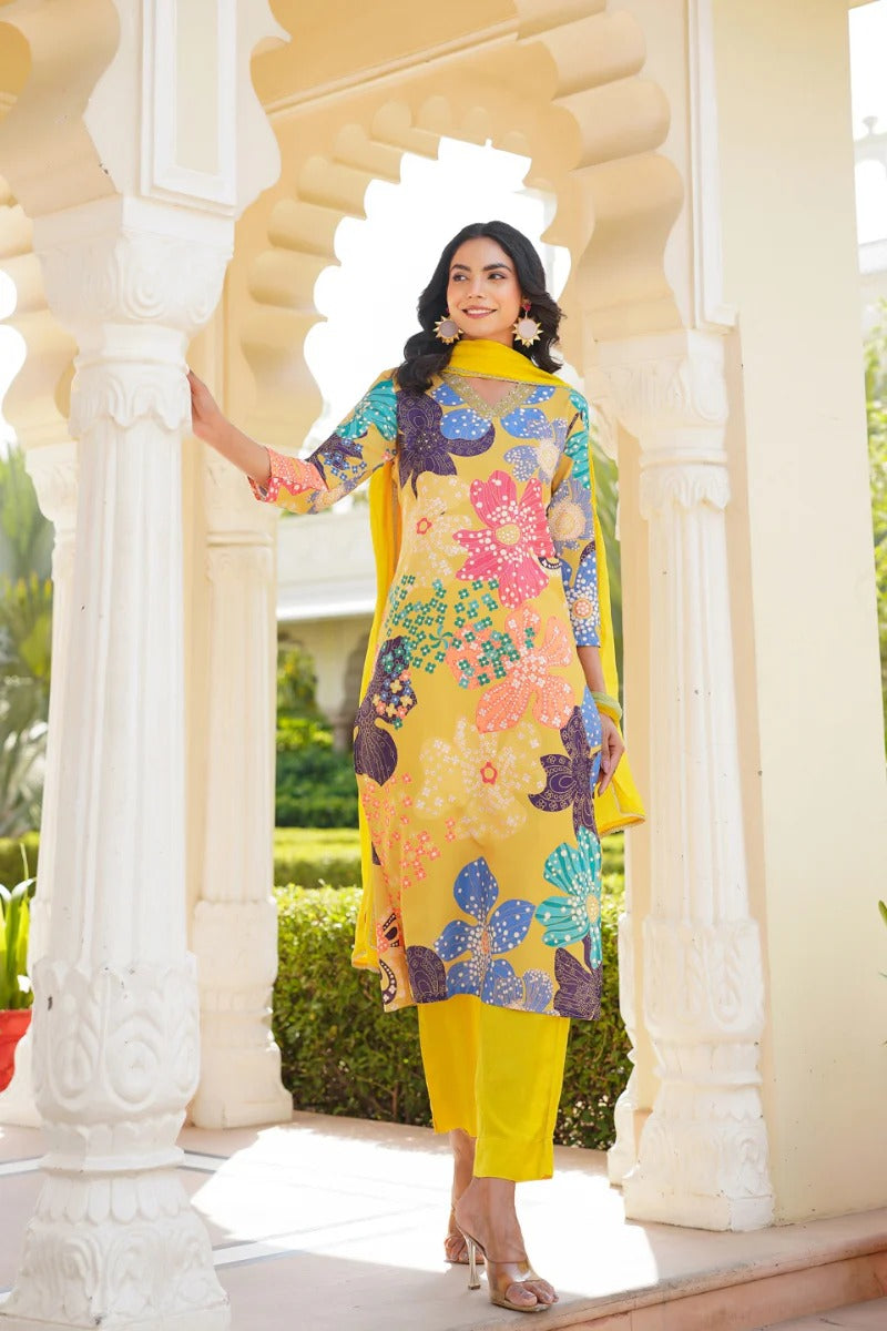 Yellow Floral Printed Cotton Blend Kurta Pant with Dupatta, 3pc set