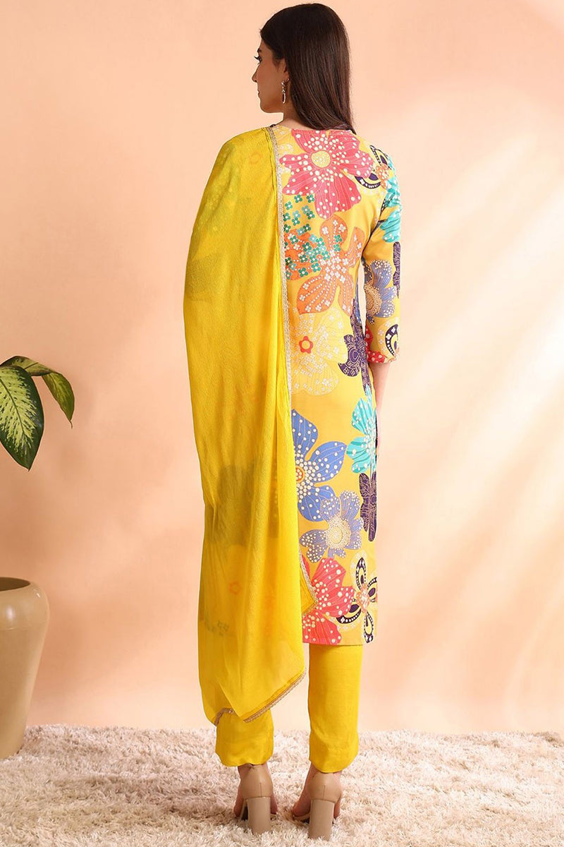 Yellow Floral Printed Cotton Blend Kurta Pant with Dupatta, 3pc set