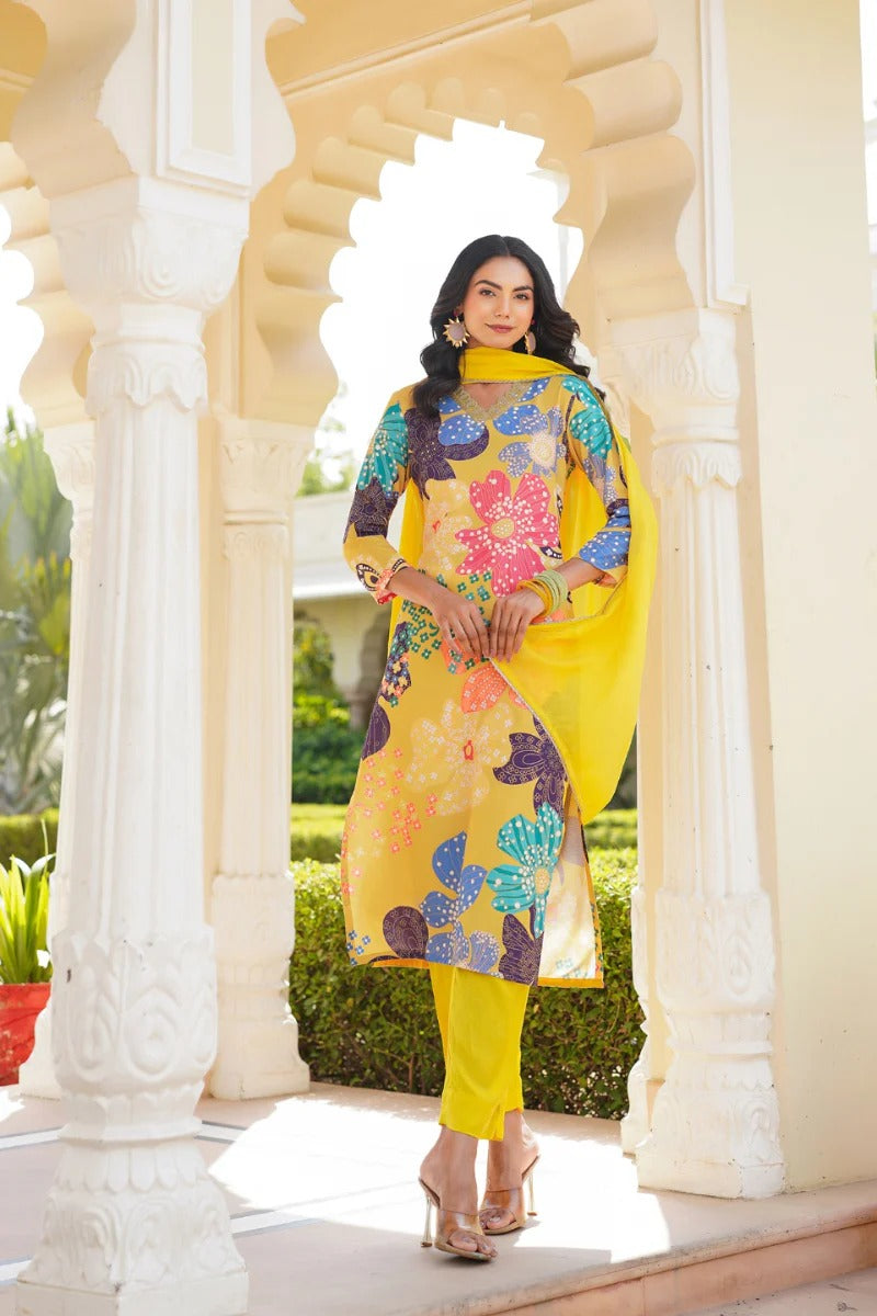 Yellow Floral Printed Cotton Blend Kurta Pant with Dupatta, 3pc set