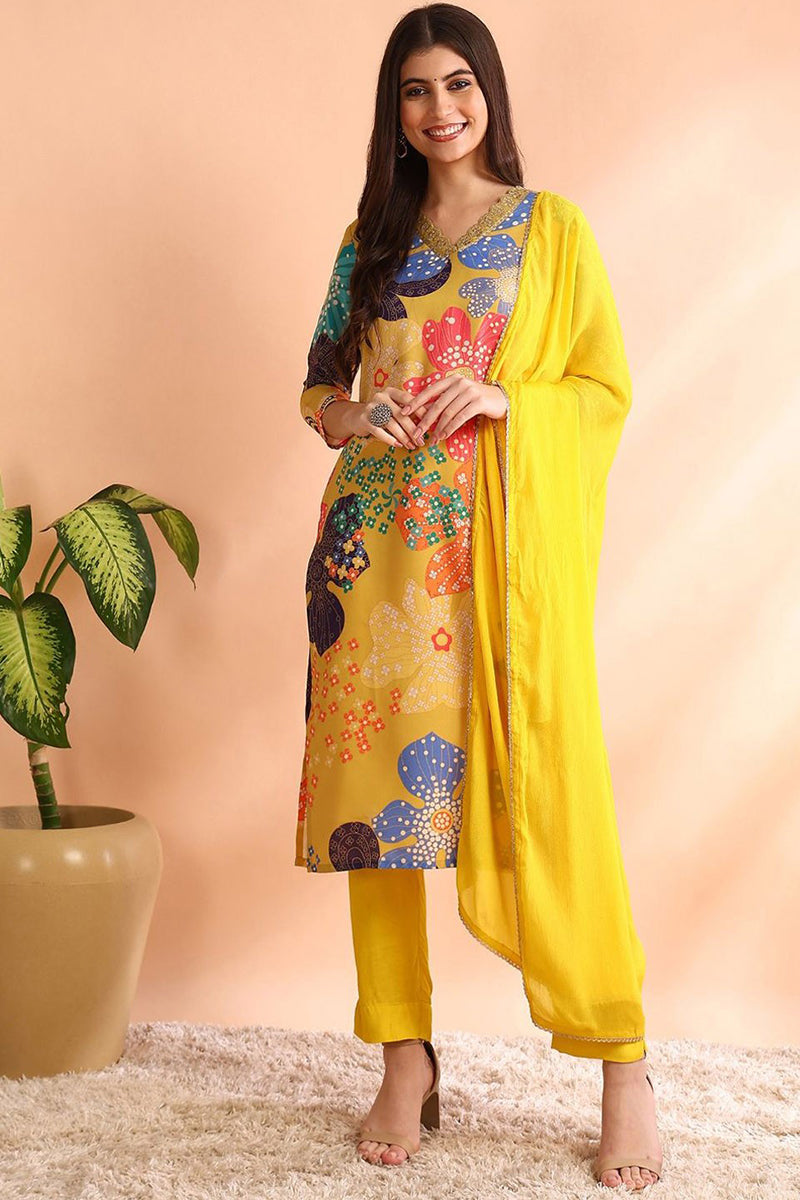Yellow Floral Printed Cotton Blend Kurta Pant with Dupatta, 3pc set