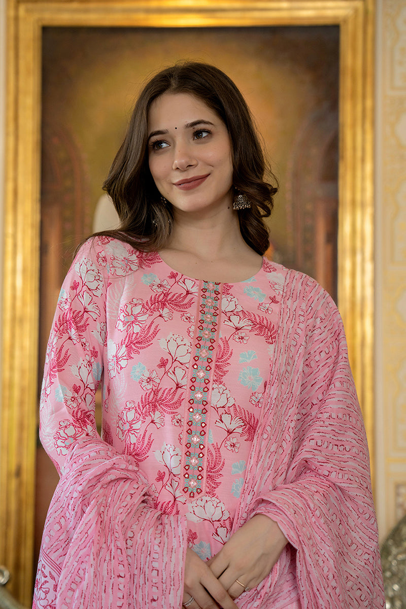 Pink Floral Printed Rayon Kurta Pant with Dupatta, 3pc set