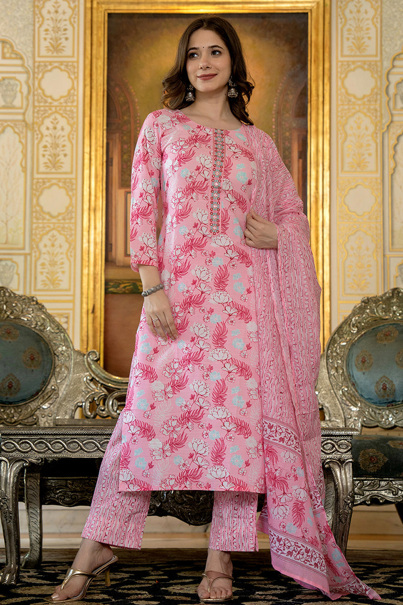 Pink Floral Printed Rayon Kurta Pant with Dupatta, 3pc set