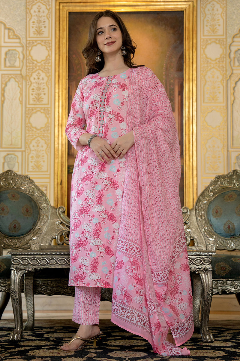 Pink Floral Printed Rayon Kurta Pant with Dupatta, 3pc set