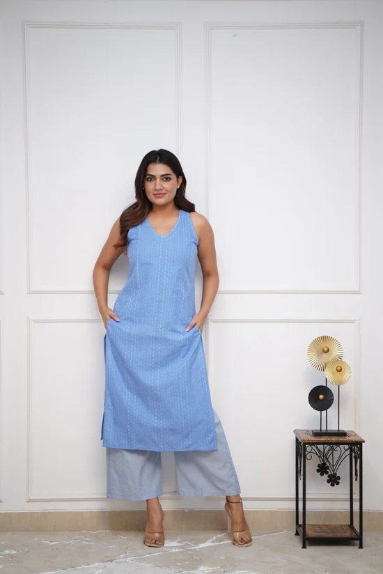 Kaatha work Soft Cotton Handloom Long Co-ord set, 2pc, TK158-160