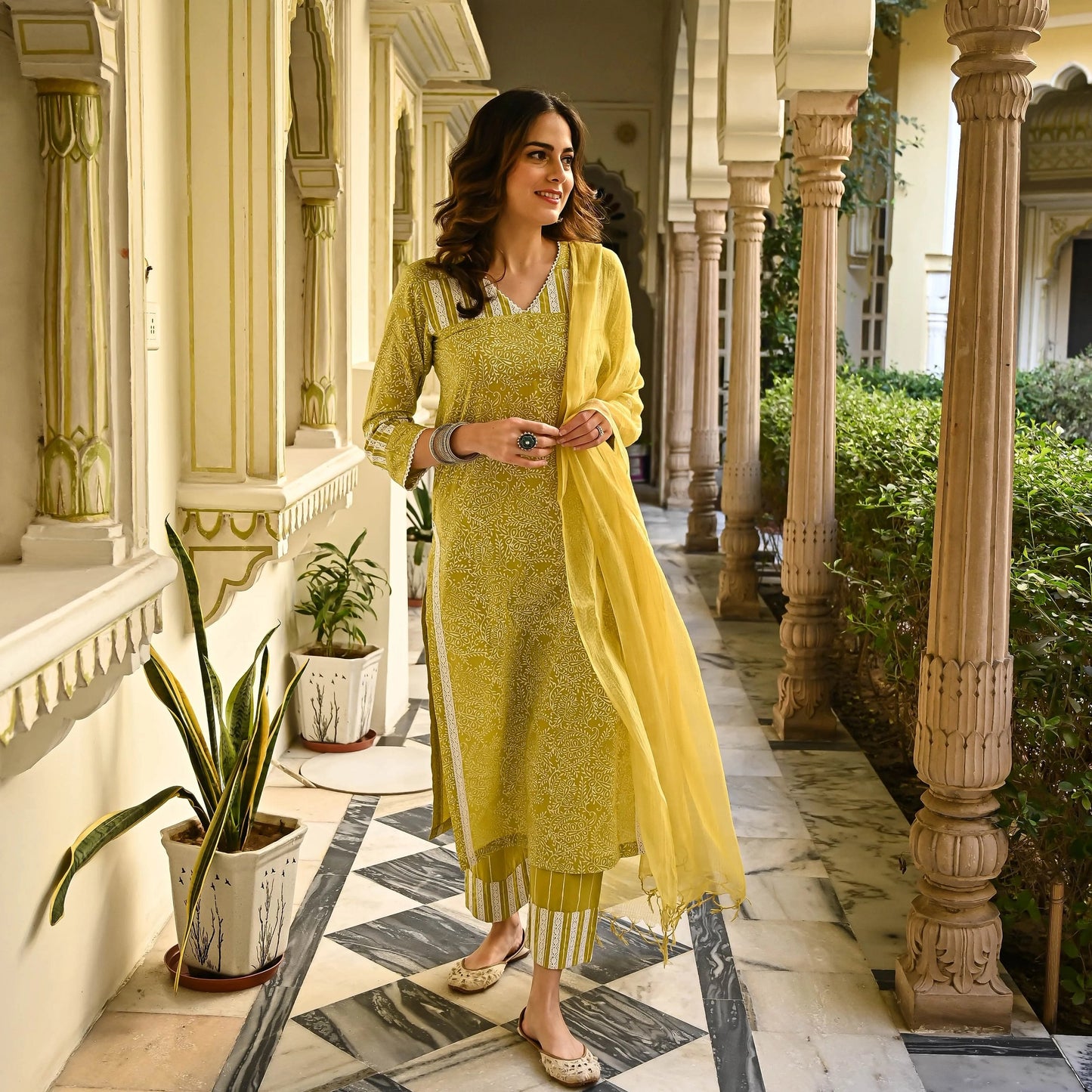 Mustard printed Viscose suit set with dupatta, 3pc, TK169