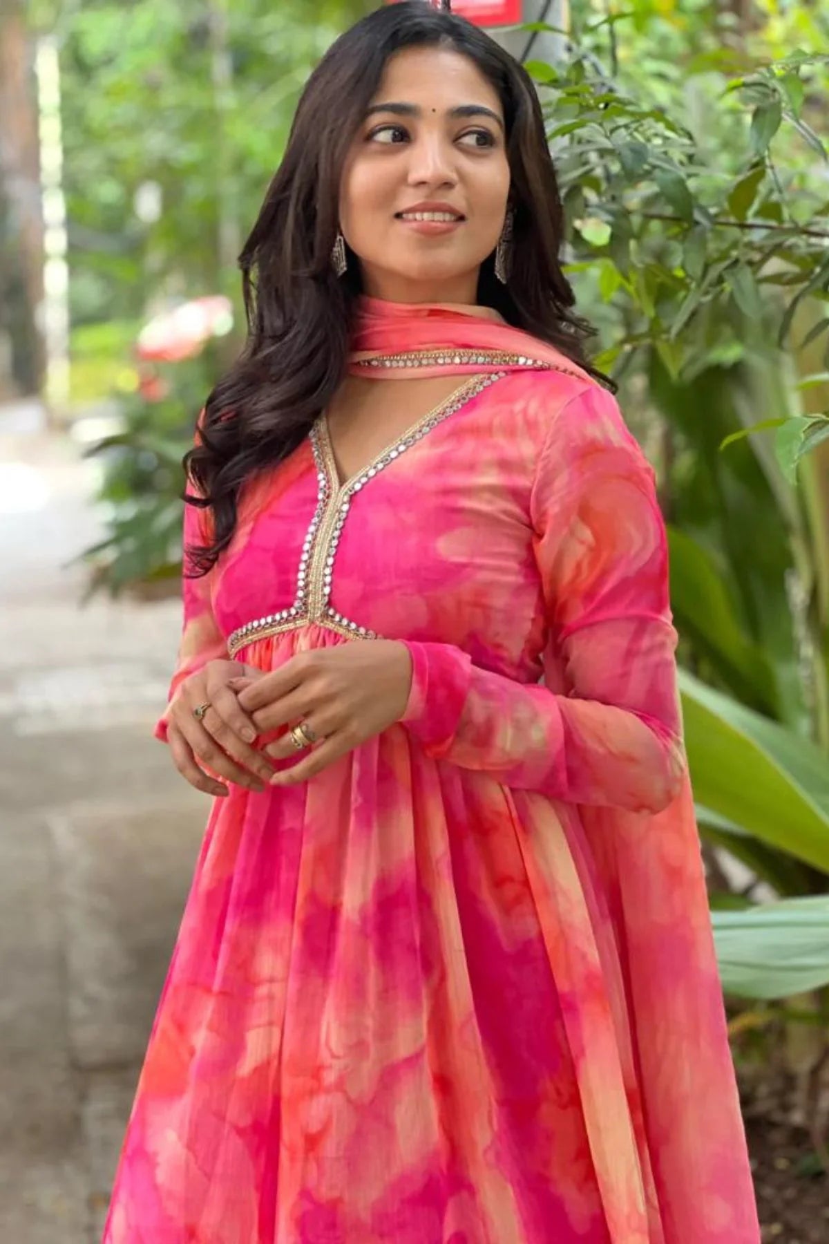 Pink viscose Printed Gown suit set with dupatta, 2pc, TK178 (no pants)