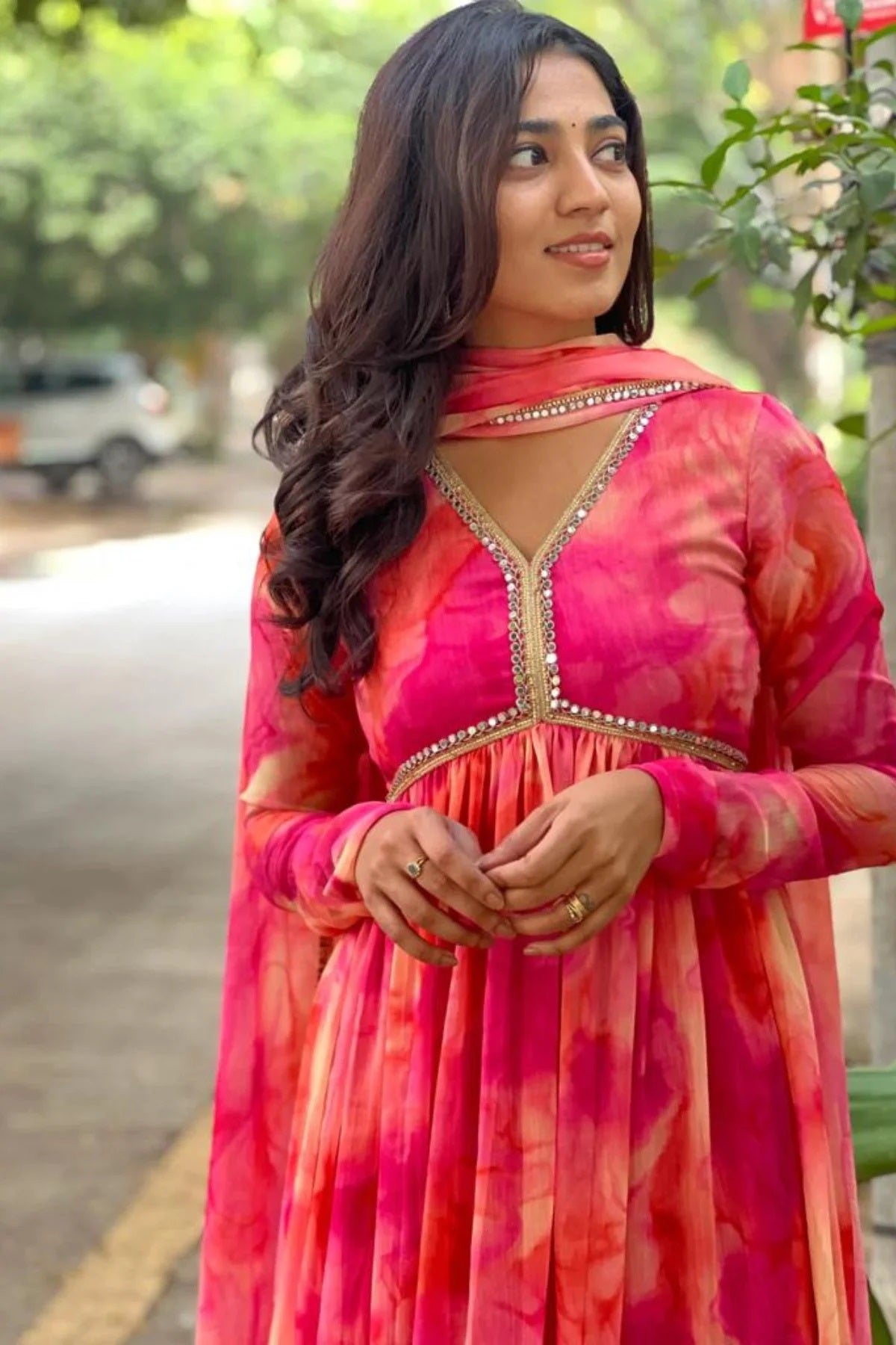Pink viscose Printed Gown suit set with dupatta, 2pc, TK178 (no pants)