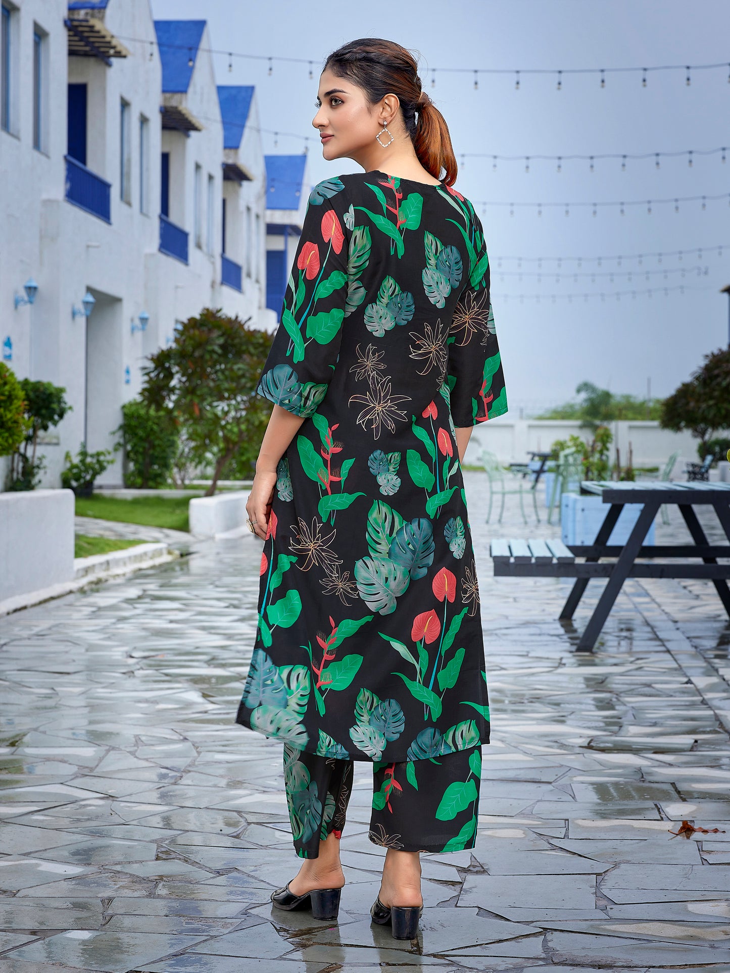 Dark green floral printed viscose Co-ord set, 2pc, TK188