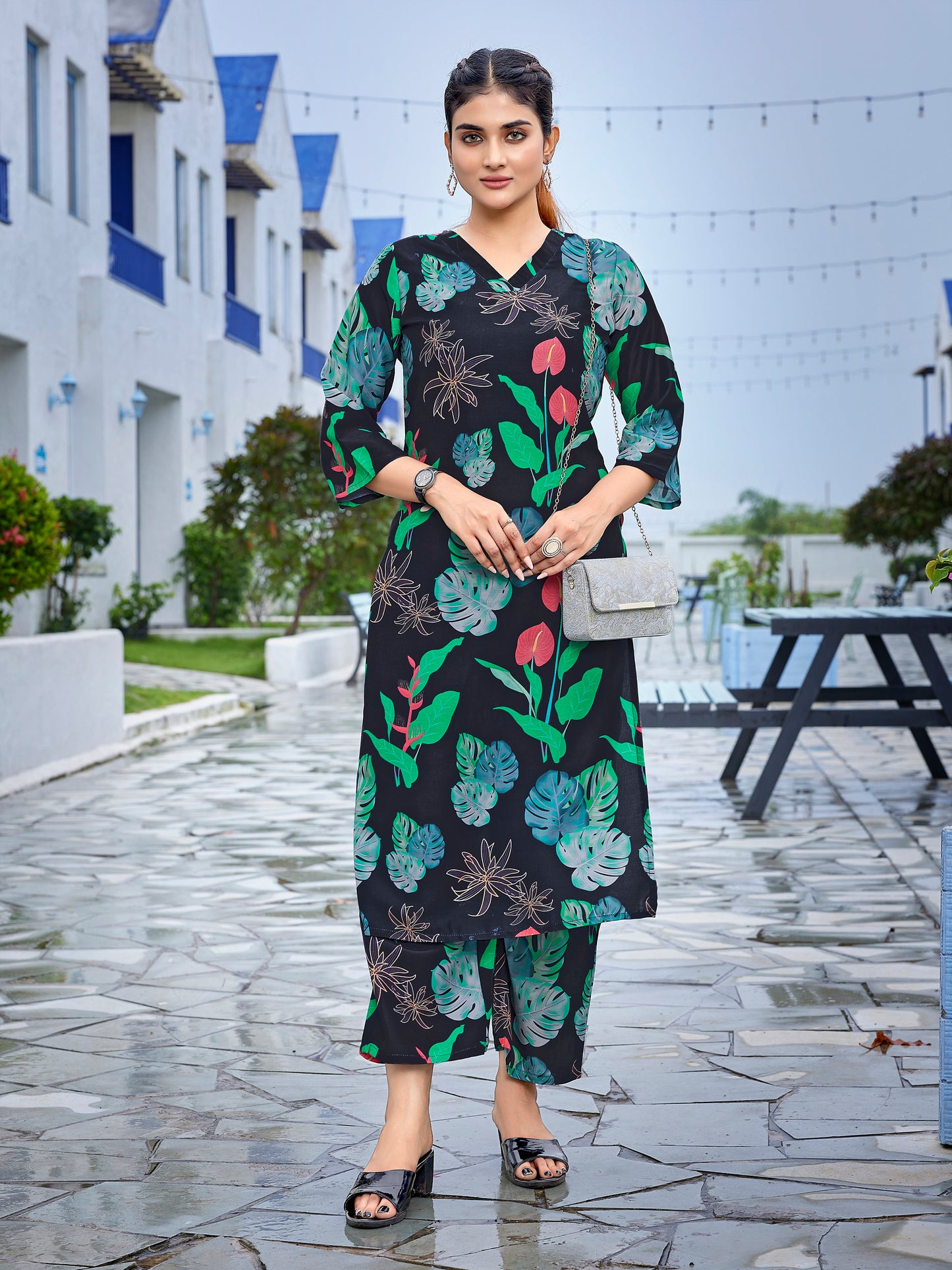 Dark green floral printed viscose Co-ord set, 2pc, TK188