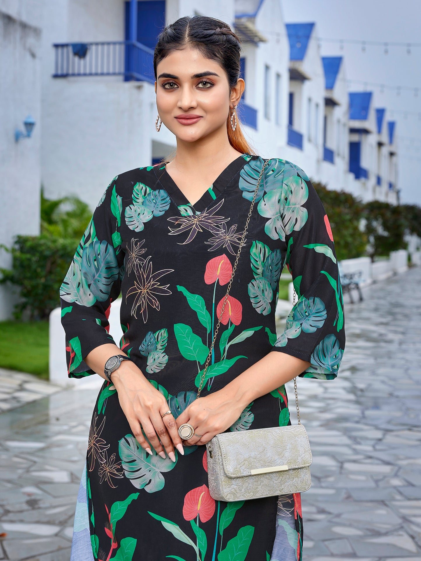 Dark green floral printed viscose Co-ord set, 2pc, TK188