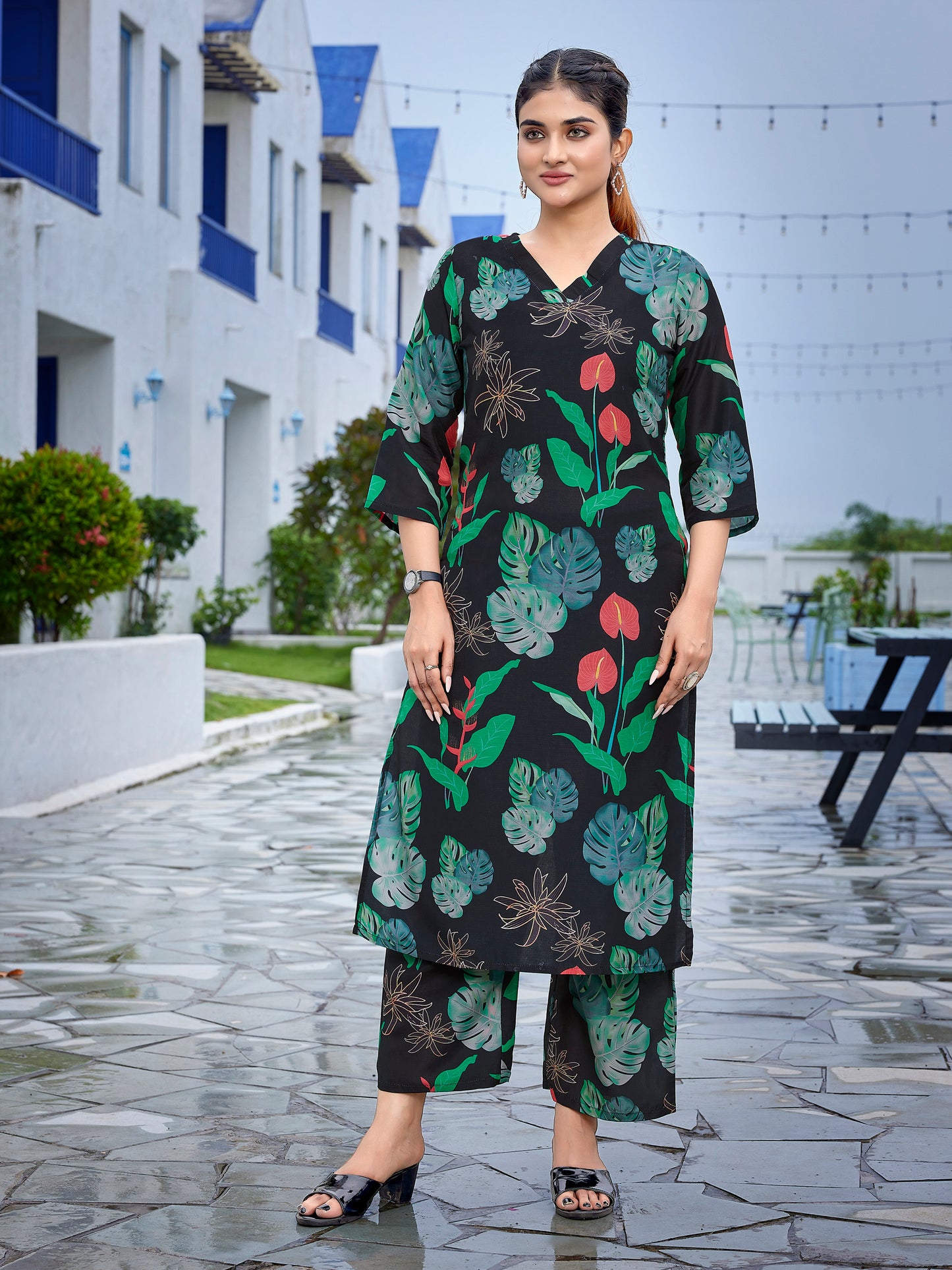 Dark green floral printed viscose Co-ord set, 2pc, TK188