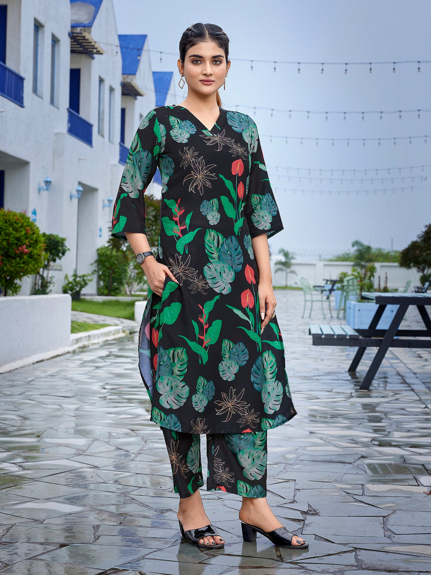 Dark green floral printed viscose Co-ord set, 2pc, TK188