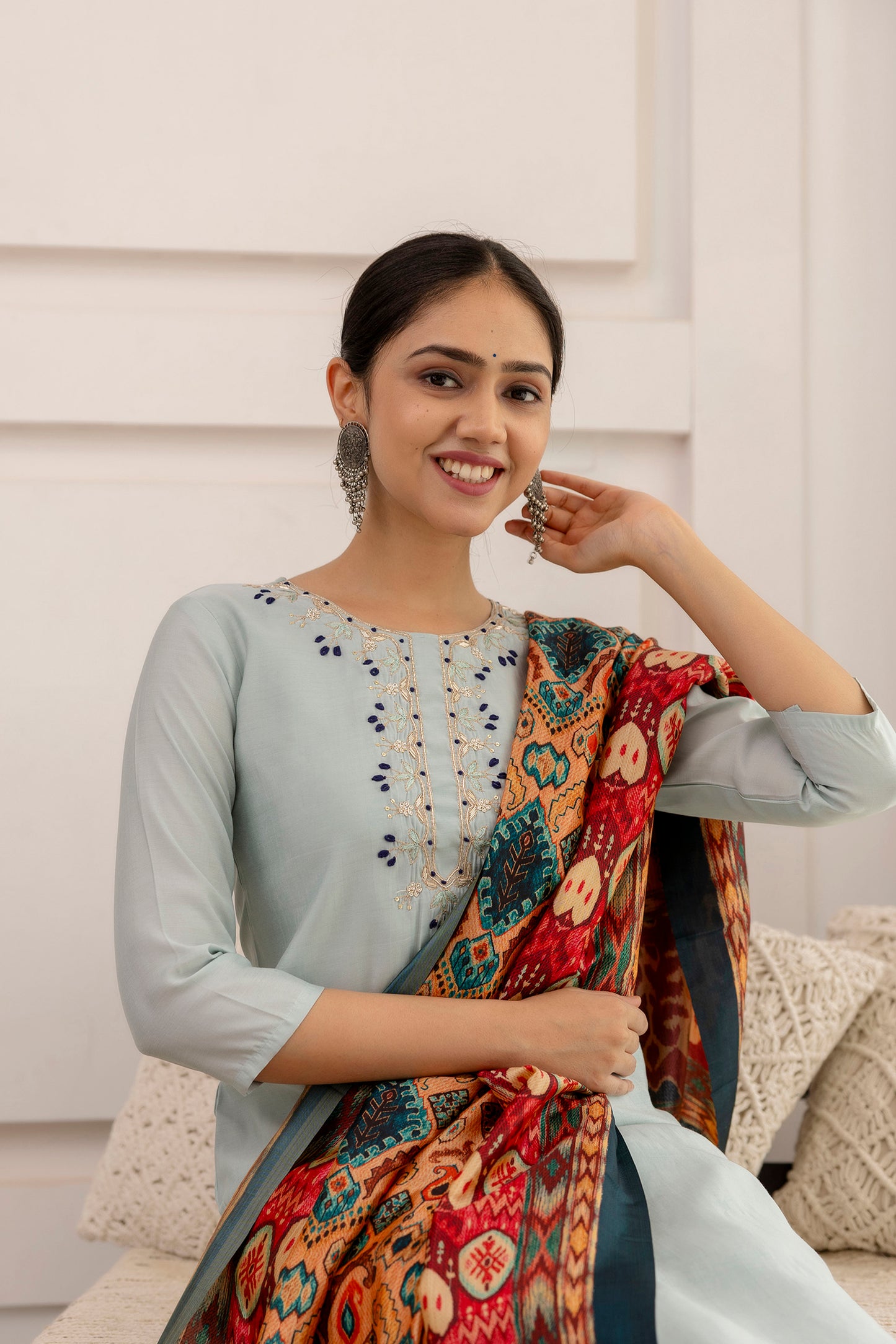 Grey Embroidered Suit Set with multicolor dupatta, 3pc, TK183