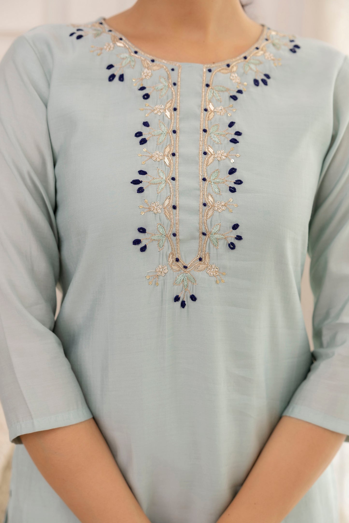 Grey Embroidered Suit Set with multicolor dupatta, 3pc, TK183