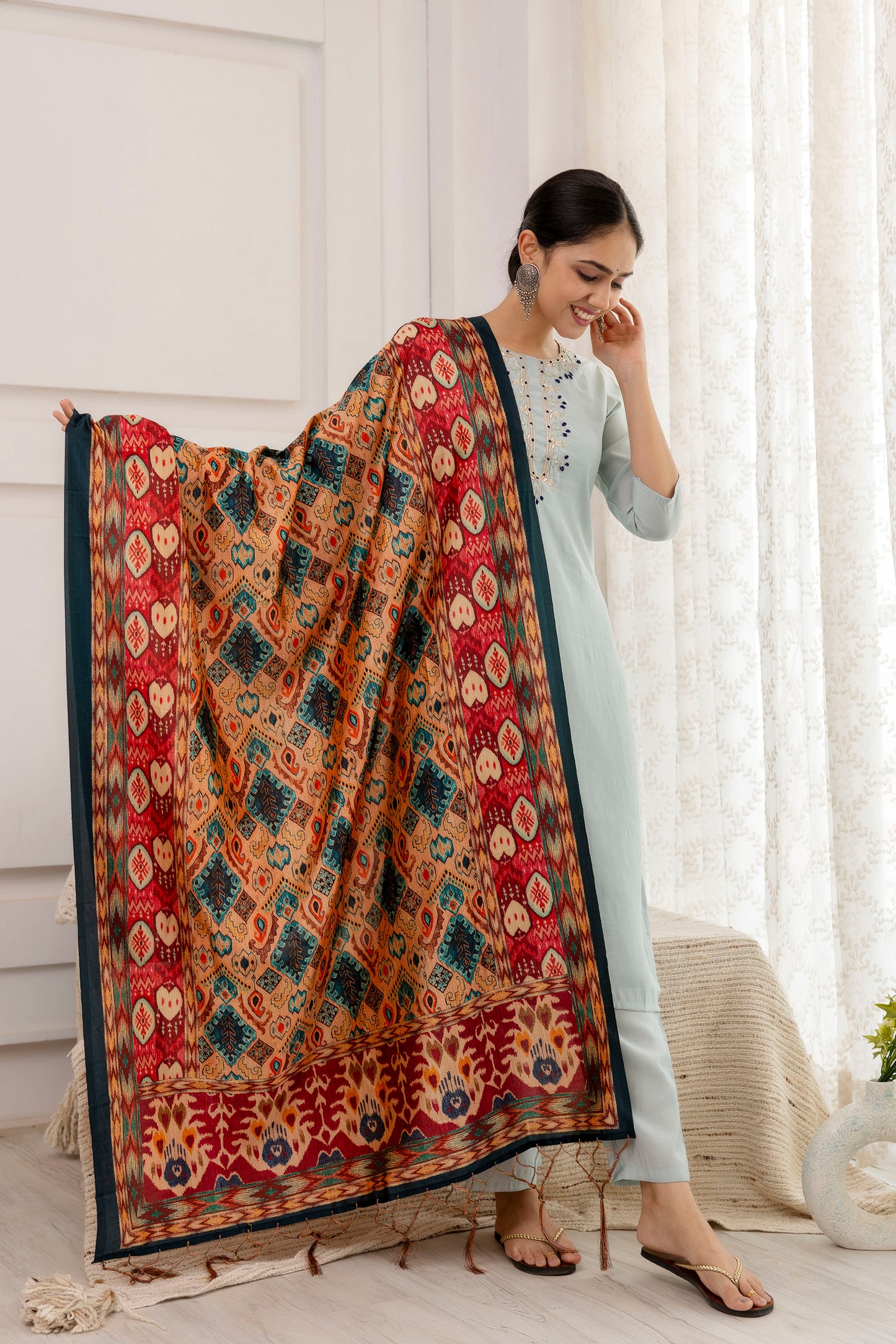 Grey Embroidered Suit Set with multicolor dupatta, 3pc, TK183
