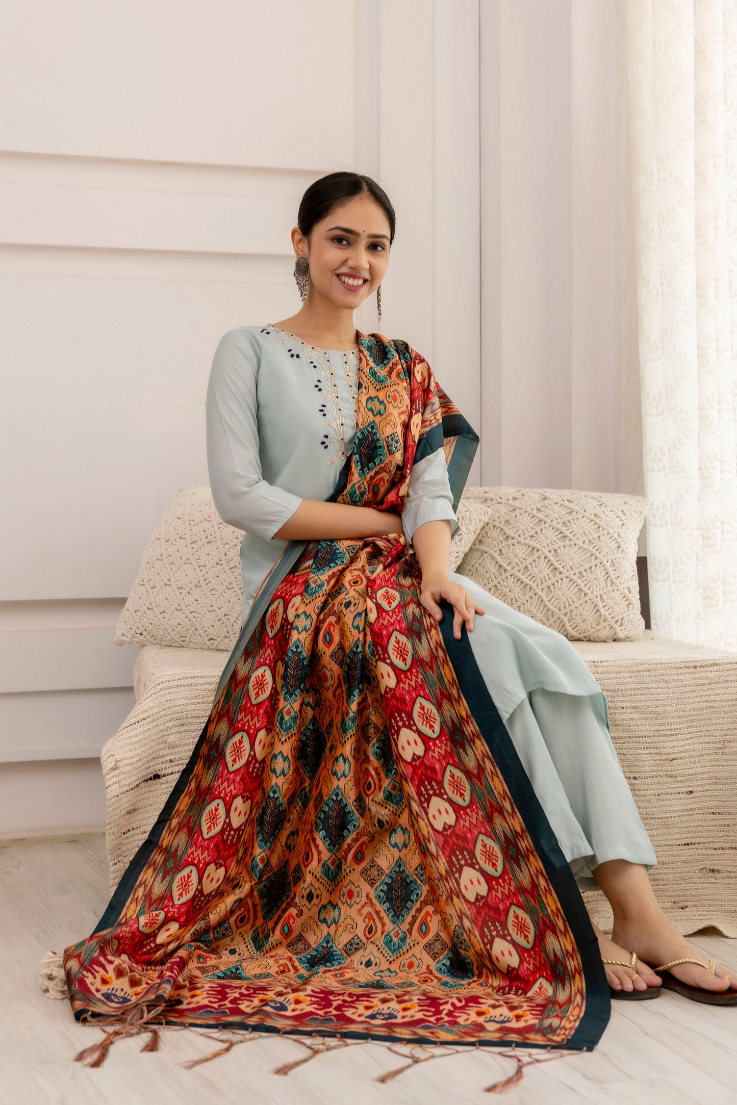 Grey Embroidered Suit Set with multicolor dupatta, 3pc, TK183