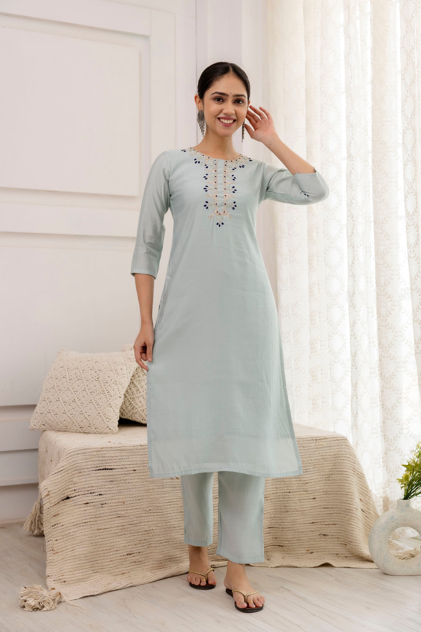 Grey Embroidered Suit Set with multicolor dupatta, 3pc, TK183