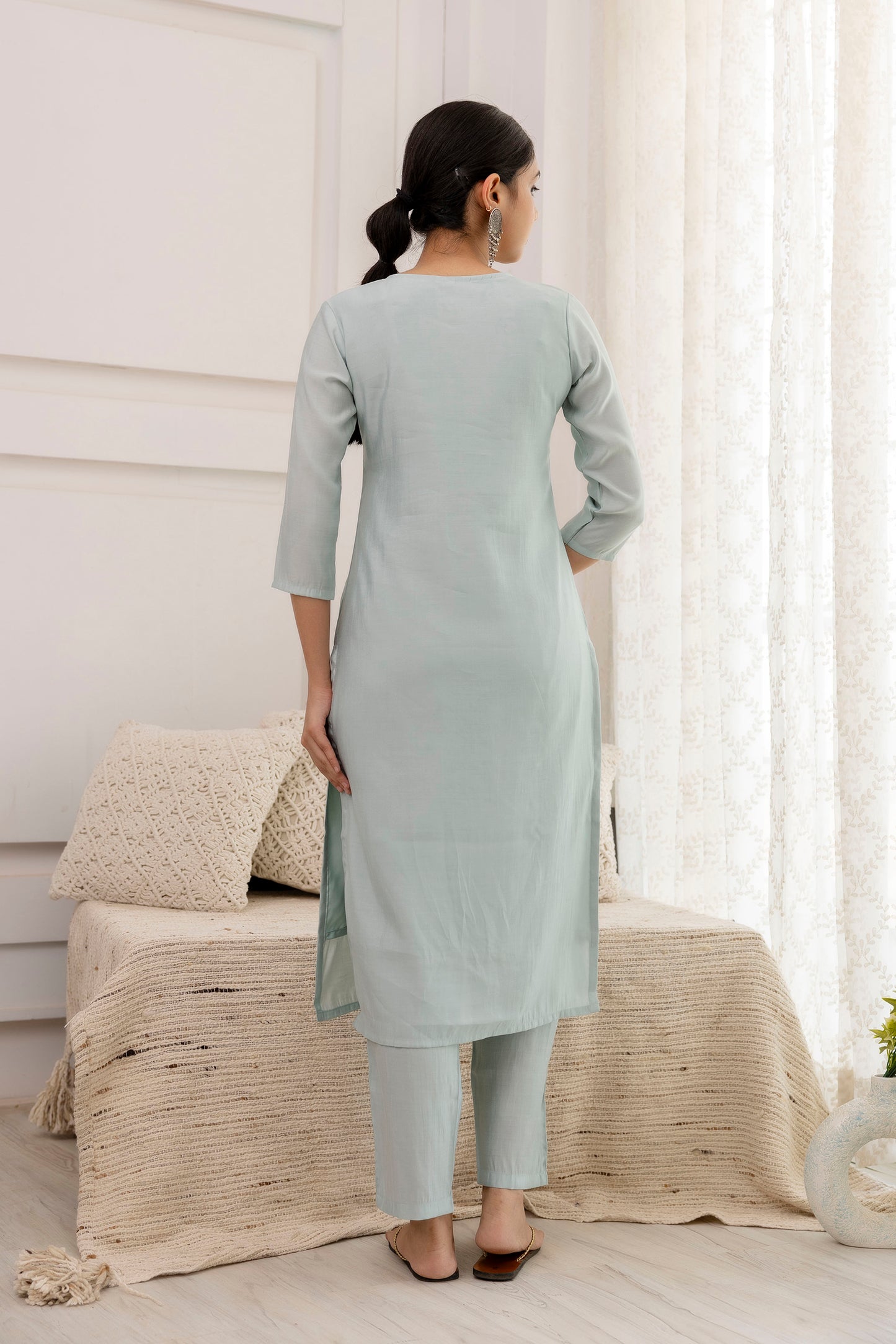 Grey Embroidered Suit Set with multicolor dupatta, 3pc, TK183