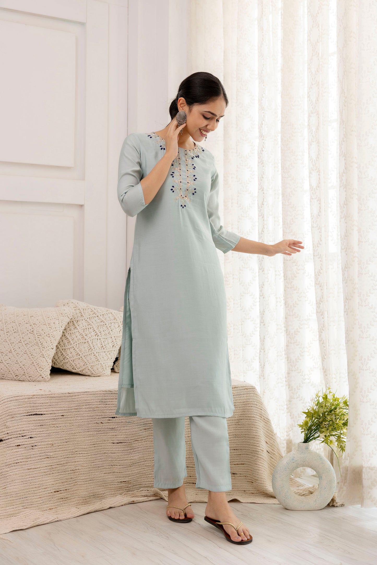 Grey Embroidered Suit Set with multicolor dupatta, 3pc, TK183