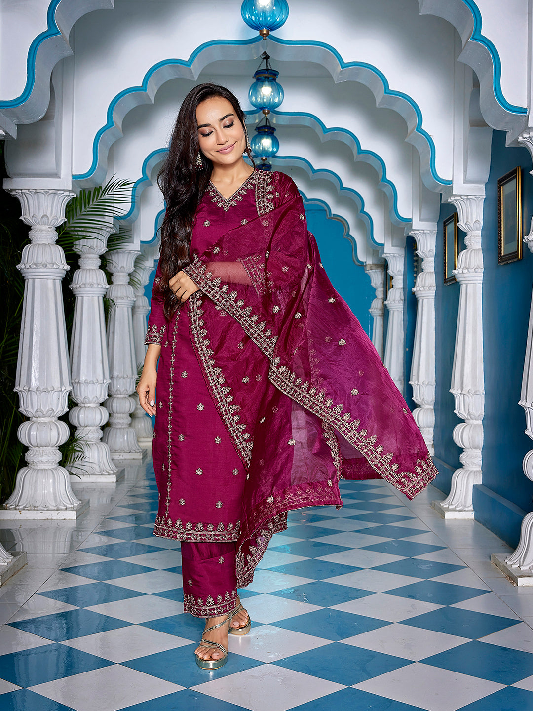 Shiny Viscose embroidered suit set with dupatta, 3pc, TK185-186