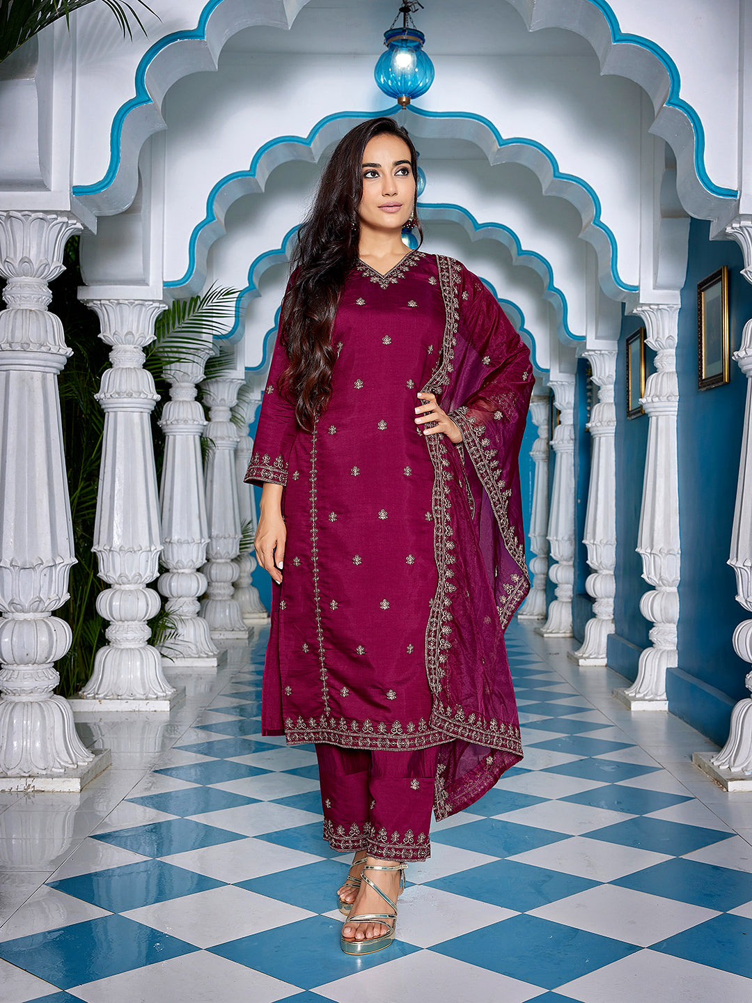 Shiny Viscose embroidered suit set with dupatta, 3pc, TK185-186
