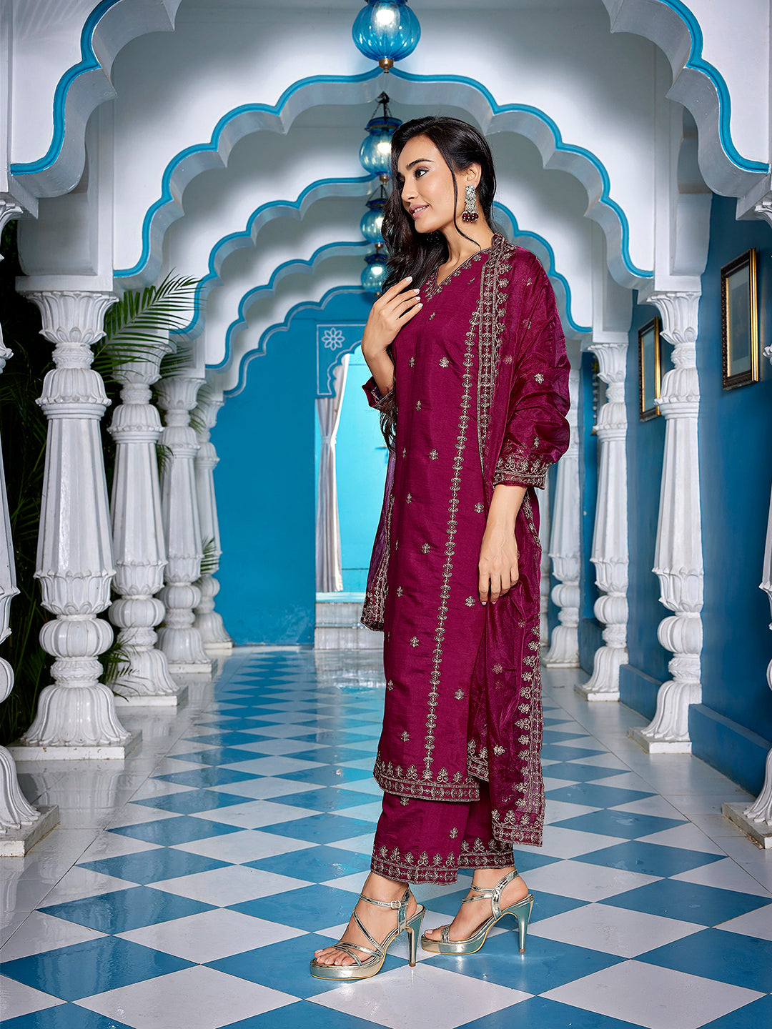 Shiny Viscose embroidered suit set with dupatta, 3pc, TK185-186