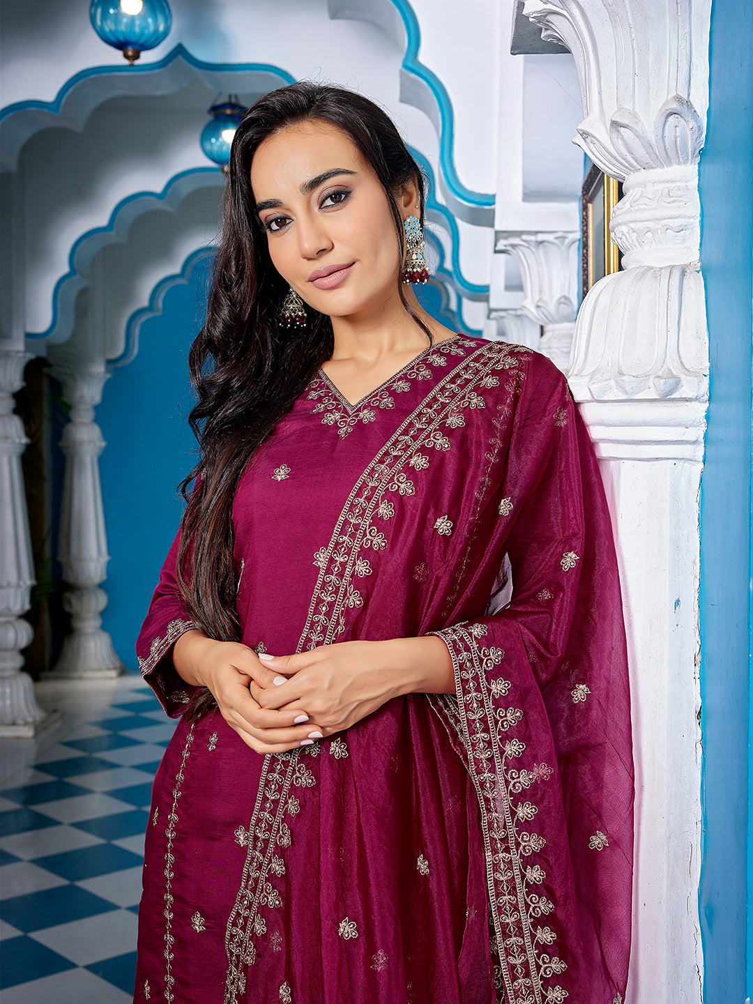 Shiny Viscose embroidered suit set with dupatta, 3pc, TK185-186