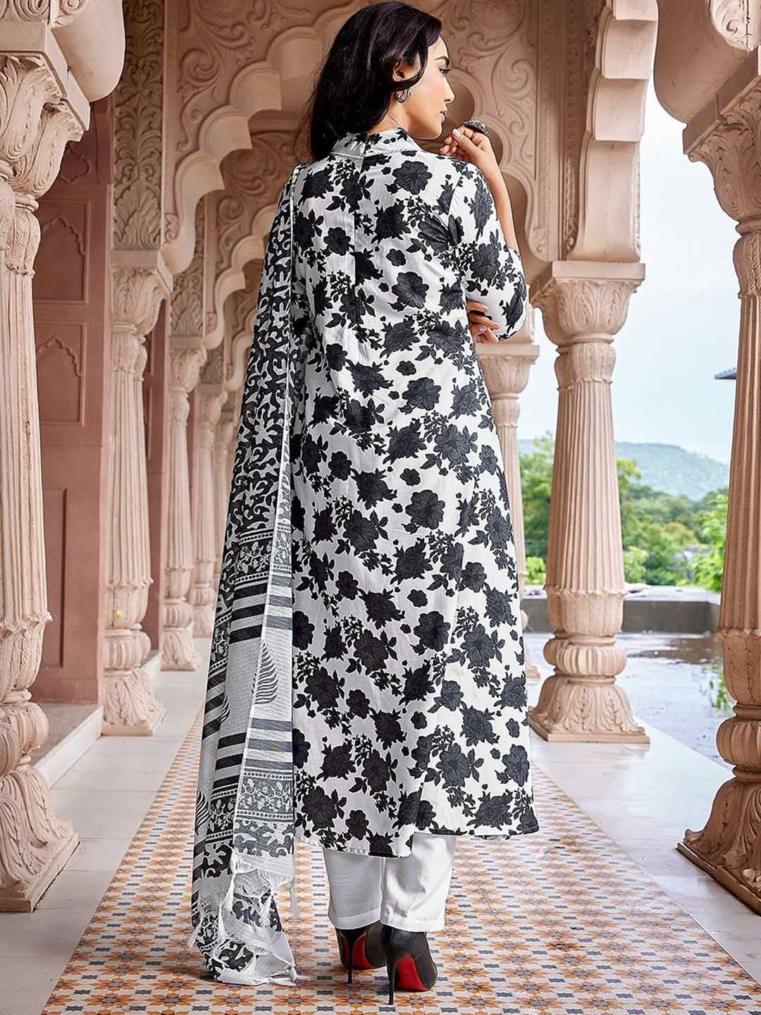 Black & white Viscose Floral Printed Flared Kurta Pant with Dupatta, 3pc, TK199