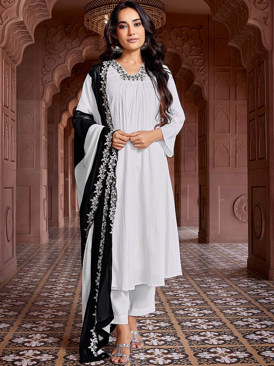 Black and white Yoke n Sequence Design Solid Flared Viscose Kurta Pant with Dupatta, 3pc, TK211