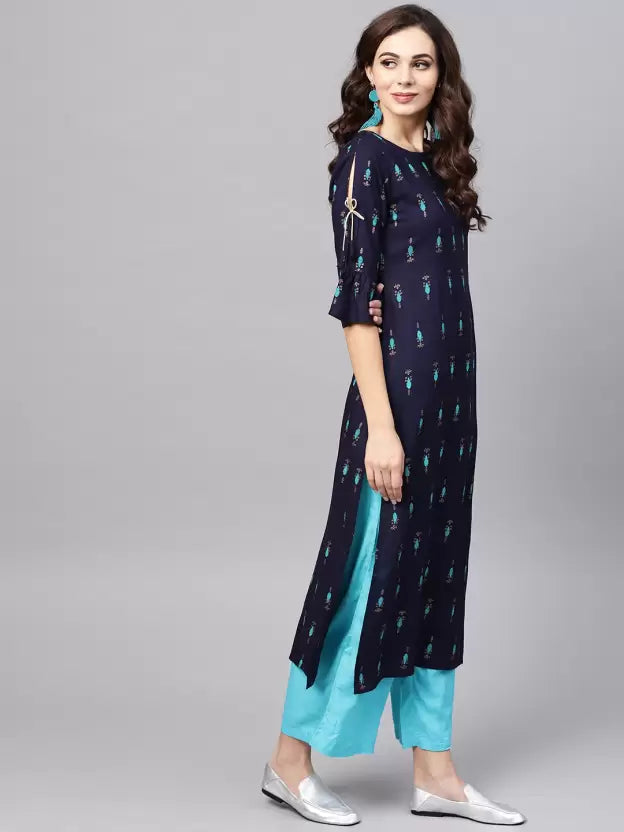 Women's N.Blue Rayon Blend Printed Kurta- 1pc set, TK058