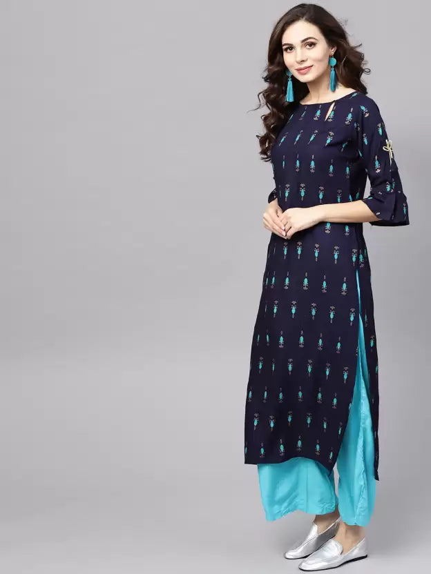 Women's N.Blue Rayon Blend Printed Kurta- 1pc set, TK058