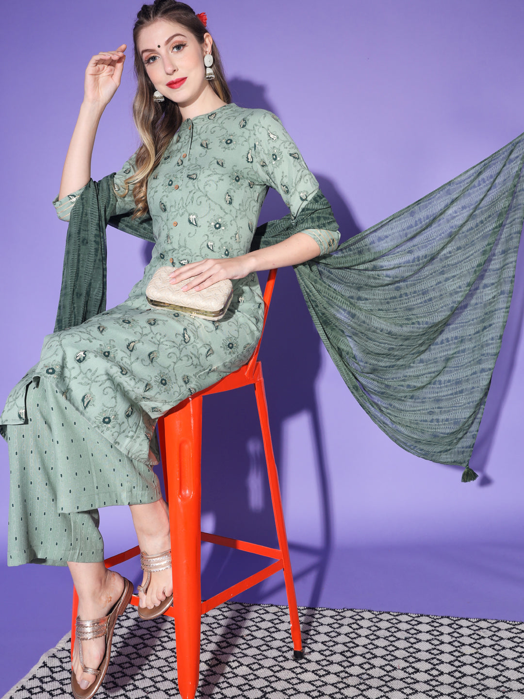 Women's Rayon Blend Printed Kurta with Pants & Dupatta- 3pc set, TK011