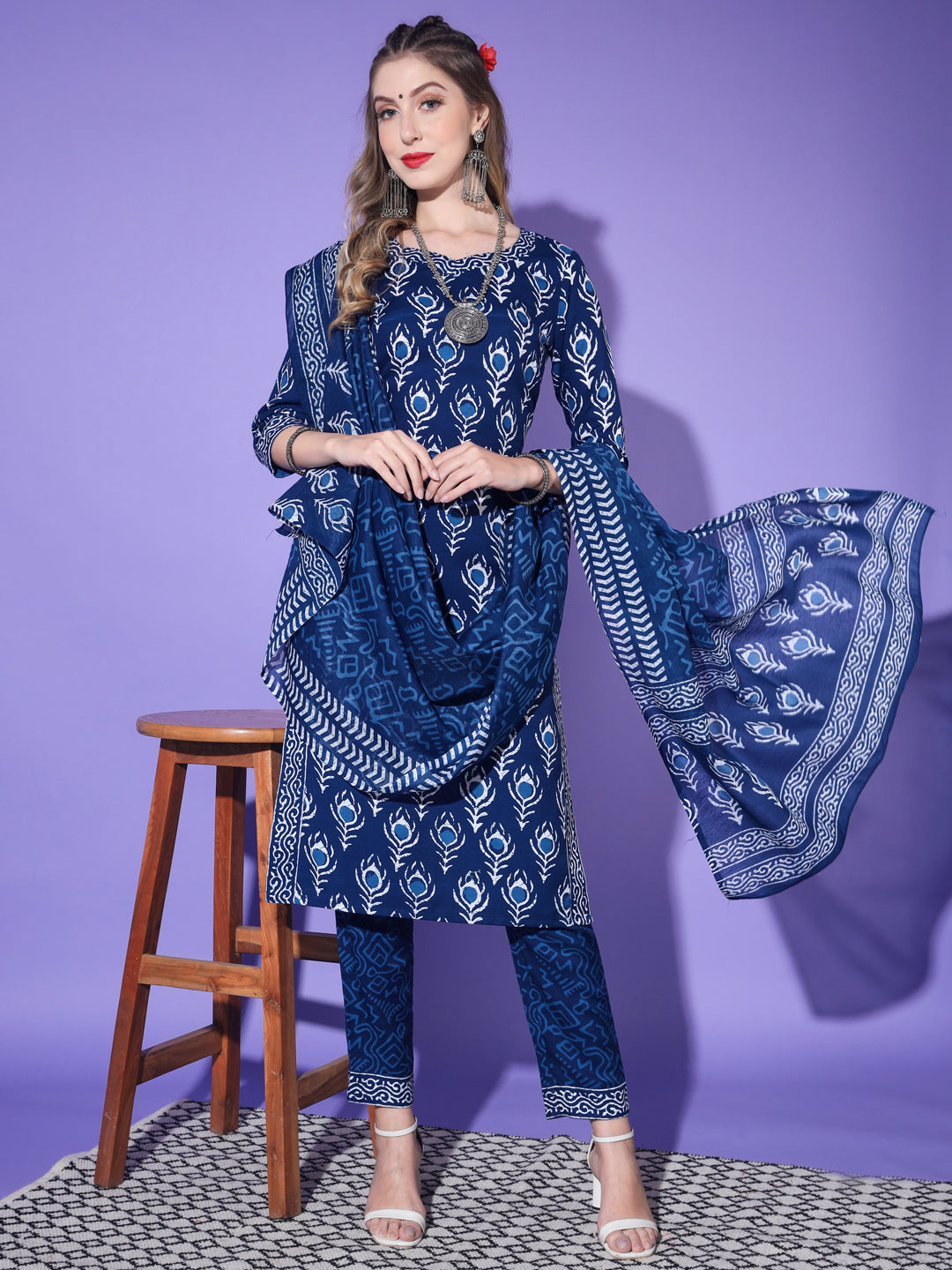 Women's Rayon Blend Printed Kurta with Pants & Dupatta- 3pc set, TK013