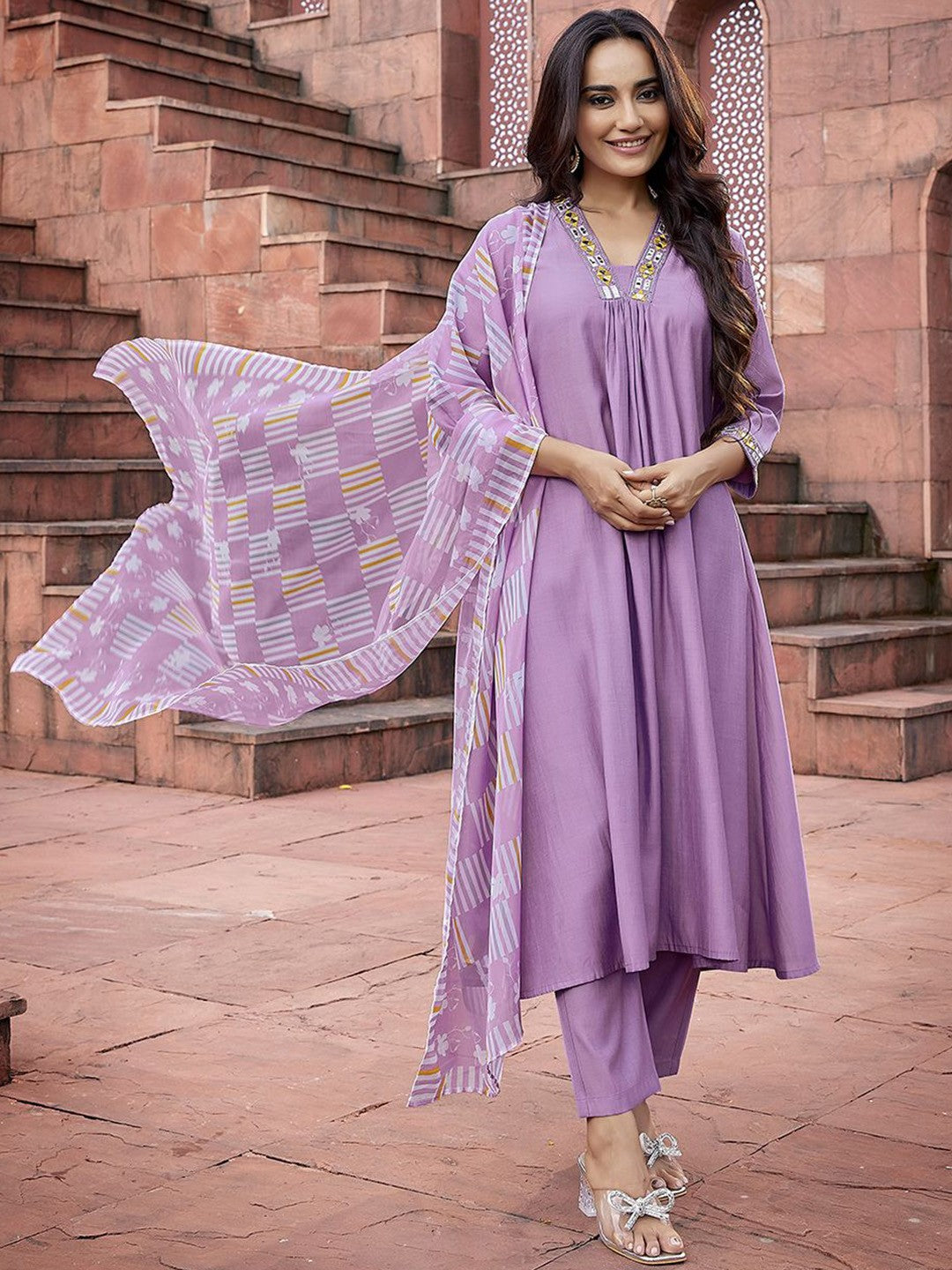Yoke Design with Mirror Work & Solid Flared Viscose Kurta Pant with Dupatta, 3pc, TK208-209