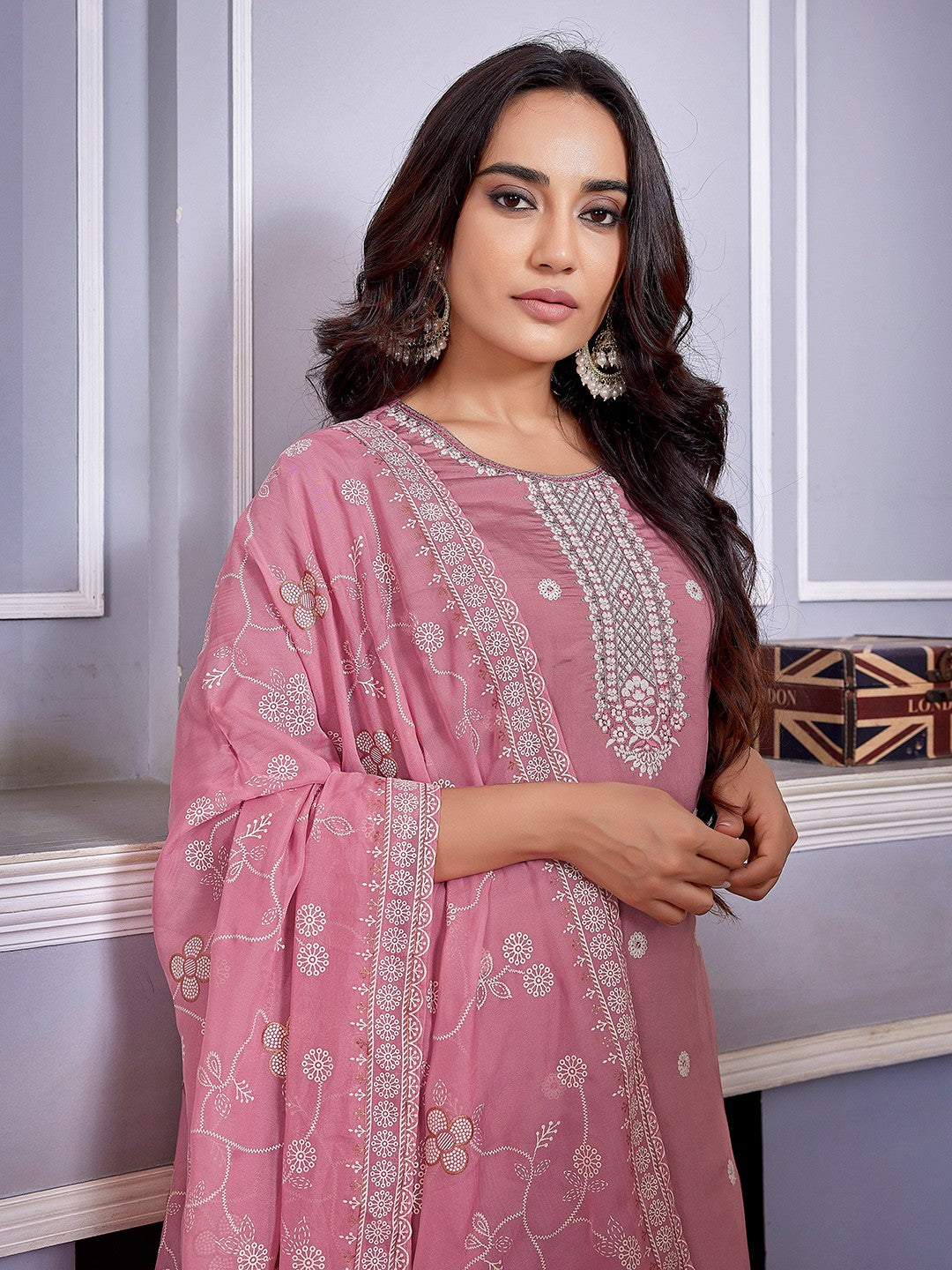 Pink Chanderi Ethnic Motifs Embroidered Straight Kurta Pant with Dupatta, 3pc, TK204