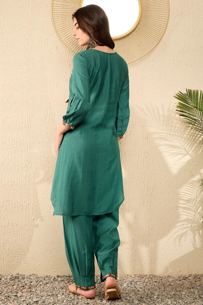 Teal Green Embroidered Viscose Rayon Straight Salwar Bottom Kurta Set