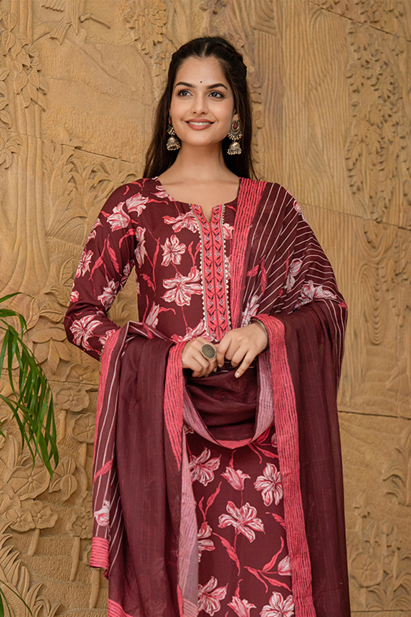 Black Floral Printed Rayon Kurta Pant with Dupatta, 3pc set