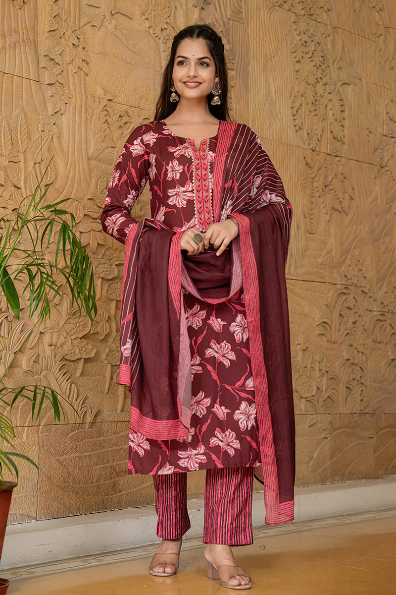 Black Floral Printed Rayon Kurta Pant with Dupatta, 3pc set